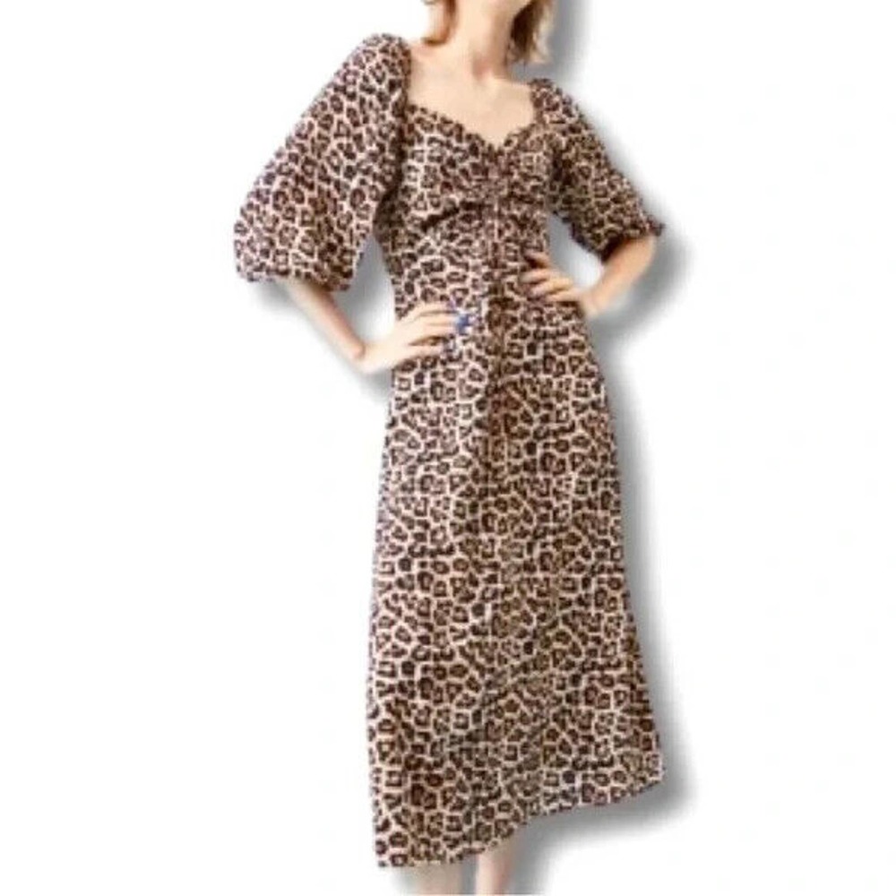NWT Size XL H&M Leopard Print Dress, Midi, Brown & Black, Puff Sleeves, Animal